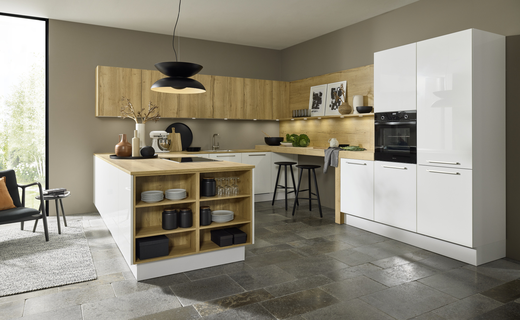 Nolte Fine Lack weiss Hochglanz mit Artwood Eiche – Küchenumbau